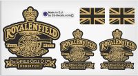 Set of 5 Royal Enfield Made Like A Gun and UK Flags Black Gold Decals Laminated Stickers